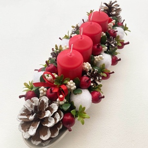 Adventi asztaldísz piros fehér almás - karácsony - adventi díszek - adventi koszorú - Meska.hu