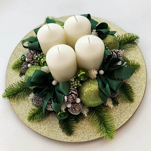 Adventi asztaldísz zöld arany, Karácsony, Adventi díszek, Adventi koszorú, Virágkötés, MESKA