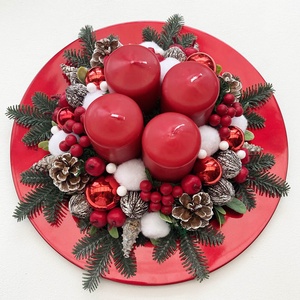 Adventi asztaldísz piros tálban - karácsony - karácsonyi lakásdekoráció - ünnepi asztaldekoráció - Meska.hu