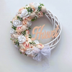 Húsvét kopogtató púder rózsaszín, Ünnepi díszek, dekorációk, Húsvéti díszek és dekorációk, Húsvéti ajtódísz, kopogtató, Virágkötés, MESKA