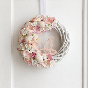 Húsvét ajtódísz púder rózsaszín, Ünnepi díszek, dekorációk, Húsvéti díszek és dekorációk, Húsvéti ajtódísz, kopogtató, Virágkötés, MESKA