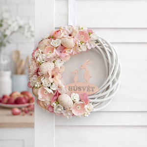 Húsvét ajtódísz púder rózsaszín, Ünnepi díszek, dekorációk, Húsvéti díszek és dekorációk, Húsvéti ajtódísz, kopogtató, Virágkötés, MESKA