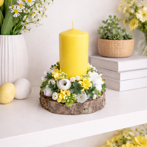 Tavaszi asztaldísz gyertyás, Ünnepi díszek, dekorációk, Húsvéti díszek és dekorációk, Húsvéti asztaldíszek, Virágkötés, MESKA