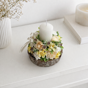 Tavaszi asztaldísz gyertyás barack, Ünnepi díszek, dekorációk, Húsvéti díszek és dekorációk, Húsvéti asztaldíszek, Virágkötés, MESKA