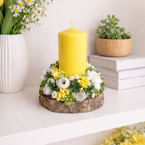 Tavaszi asztaldísz gyertyás, Ünnepi díszek, dekorációk, Húsvéti díszek és dekorációk, Húsvéti asztaldíszek, Virágkötés, MESKA