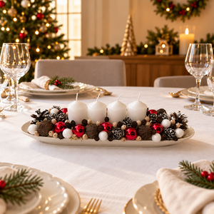 Adventi asztaldísz fehér piros, Karácsony, Adventi díszek, Adventi koszorú, Virágkötés, MESKA