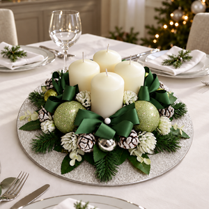 Adventi asztaldísz ezüst tálban, Karácsony, Adventi díszek, Adventi koszorú, Virágkötés, MESKA