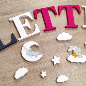 Nyuszis díszítésű dekorbetű szett, választható névvel, színnel, kézműves, dekoráció, név, betű, gyerekszoba, dekor betű - otthon & életmód - dekoráció - fali és függő dekoráció - betű & név - Meska.hu