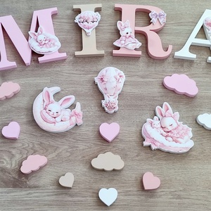 Rózsaszín nyuszis díszítésű dekorbetű szett, választható névvel, színnel, kézműves, dekoráció, név, betű, dekor betű - Meska.hu