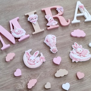 Rózsaszín nyuszis díszítésű dekorbetű szett, választható névvel, színnel, kézműves, dekoráció, név, betű, dekor betű - otthon & életmód - babaszoba, gyerekszoba - babaszoba dekoráció - Meska.hu