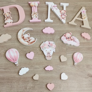 Rózsaszín-bézs macis dekorbetű szett, választható névvel, színnel, kézműves, dekoráció, név, betű, dekor betű - Meska.hu