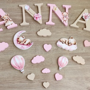 Rózsaszín-bézs macis lilás dekorbetű szett, választható névvel, színnel, kézműves, dekoráció, név, betű, dekor betű - Meska.hu