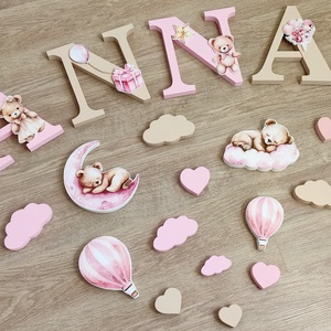 Rózsaszín-bézs macis lilás dekorbetű szett, választható névvel, színnel, kézműves, dekoráció, név, betű, dekor betű - otthon & életmód - babaszoba, gyerekszoba - babaszoba dekoráció - Meska.hu