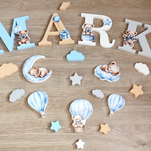 Világoskék macis díszítésű dekorbetű szett, választható névvel, színnel, kézműves, dekoráció, név, betű, dekor betű - Meska.hu