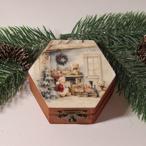 Karácsonyi ajándékdoboz, Karácsony, Karácsonyi ajándékozás, Karácsonyi ajándékcsomagolás, Decoupage, transzfer és szalvétatechnika, MESKA