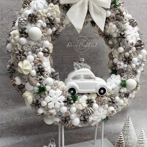 Fehér autós kopogtató - karácsony - adventi díszek - adventi ajtódísz - Meska.hu
