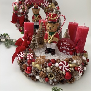 Klasszikus karácsonyi adventi koszorú, piros-fehér-arany színekben diótörő macival - karácsony - adventi díszek - adventi koszorú - Meska.hu