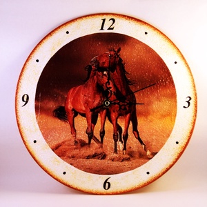 Ló motívummal díszített  falióra ( 25 cm átmérő ) -elem nélkül , Otthon & Életmód, Falióra & óra, Dekoráció, Fali és függő dekoráció, Decoupage, transzfer és szalvétatechnika, MESKA