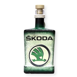 SKODA pálinkás üveg ; Skoda autód fényképével is!, Otthon & Lakás, Dekoráció, Díszüveg, Asztal és polc dekoráció, Decoupage, transzfer és szalvétatechnika, Meska