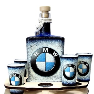 BMW emblémás ajándék -családi pálinkás kínáló készlet - egyedi fotóval is , Otthon & Lakás, Konyhafelszerelés, tálalás, Tálalás, Pálinkás poharak, szettek, Decoupage, transzfer és szalvétatechnika, Meska