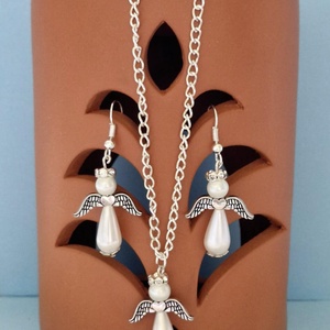 Angyalkás szett nyaklánc+fülbevaló, Ékszer, Nyaklánc, Medálos nyaklánc, Ékszerkészítés, MESKA