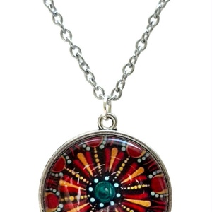 Tűzvirág mandala � Pontfestéses üveglencsés nyaklánc (25 mm) - ékszer - nyaklánc - medálos nyaklánc - Meska.hu
