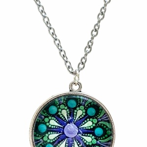 Türkiz pontfestéses mandala nyaklánc (25 mm) - ékszer - nyaklánc - medálos nyaklánc - Meska.hu