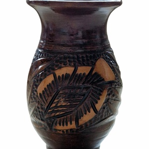 Vintage Korondi mázas kerámia váza � barna, kézzel karcolt (12 cm), Otthon & Életmód, Virágdekoráció, Virágtartó, Váza, Agyagozás, MESKA