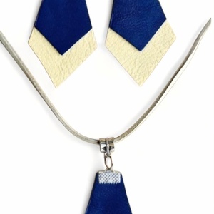 Modern bőr ékszerszett � kék-bézs rombusz, kézműves design, Ékszer, Ékszerszett, Ékszerkészítés, MESKA