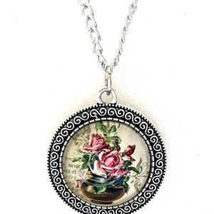 Vintage rózsás üveglencsés nyaklánc � antik ezüst színben, Ékszer, Nyaklánc, Medálos nyaklánc, Ékszerkészítés, MESKA