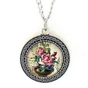 Vintage rózsás üveglencsés nyaklánc � antik ezüst színben - ékszer - nyaklánc - medálos nyaklánc - Meska.hu
