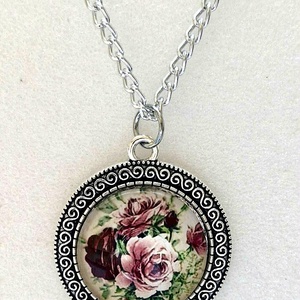 Vintage rózsás üveglencsés nyaklánc � antik ezüst színben, Ékszer, Nyaklánc, Medálos nyaklánc, Ékszerkészítés, MESKA