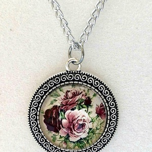 Vintage rózsás üveglencsés nyaklánc � antik ezüst színben - ékszer - nyaklánc - medálos nyaklánc - Meska.hu