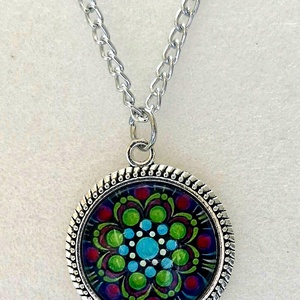 Türkiz és zöld mandala üveglencsés nyaklánc - Meska.hu