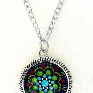 Türkiz és zöld mandala üveglencsés nyaklánc - ékszer - nyaklánc - medálos nyaklánc - Meska.hu