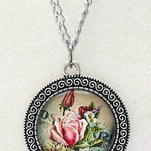 Vintage rózsás üveglencsés nyaklánc � antik ezüst színben - ékszer - nyaklánc - medálos nyaklánc - Meska.hu
