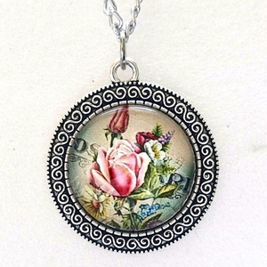 Vintage rózsás üveglencsés nyaklánc � antik ezüst színben - Meska.hu