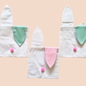 Kézzel hímzett menta/rózsaszín húsvéti nyuszis zsák erős vászonból - otthon & életmód - papír, írószer - ajándékozás kellékei - ajándékzsák, csomagolás - Meska.hu