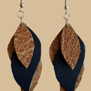 Valódi bőr levél fülbevaló � Éjfélkék - bronz-barna, Ékszer, Fülbevaló, Lógó fülbevaló, Ékszerkészítés, MESKA