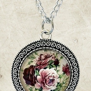 Vintage rózsás üveglencsés nyaklánc � antik ezüst színben, Ékszer, Nyaklánc, Medálos nyaklánc, Ékszerkészítés, MESKA