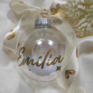 Átlátszó karácsonyi gömb tollal, műhóval töltve, üveggömb, névre szóló - karácsony - karácsonyi lakásdekoráció - karácsonyfadíszek - Meska.hu
