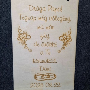 Gravírozott fatábla szülőköszöntő ajándék, Esküvő, Emlék & Ajándék, Szülőköszöntő ajándék, Famegmunkálás, Gravírozás, pirográfia, MESKA