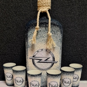 Opel -  pálinkás üveg szett, Otthon & Életmód, Konyhafelszerelés, tálalás, Tálalás, Pálinkás poharak, szettek, Decoupage, transzfer és szalvétatechnika, MESKA