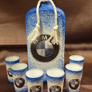 BMW -  pálinkás üveg szett, Otthon & Életmód, Konyhafelszerelés, tálalás, Tálalás, Pálinkás poharak, szettek, Decoupage, transzfer és szalvétatechnika, MESKA