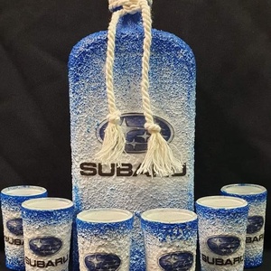 SUBARU -  pálinkás üveg szett, Otthon & Életmód, Konyhafelszerelés, tálalás, Tálalás, Pálinkás poharak, szettek, Decoupage, transzfer és szalvétatechnika, MESKA