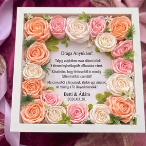 Szatén rózsával díszített kép szülőköszöntő ajándéknak, Esküvő, Emlék & Ajándék, Szülőköszöntő ajándék, Gravírozás, pirográfia, Fotó, grafika, rajz, illusztráció, MESKA
