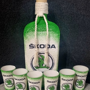 Skoda -  pálinkás üveg szett, Otthon & Életmód, Konyhafelszerelés, tálalás, Tálalás, Pálinkás poharak, szettek, Decoupage, transzfer és szalvétatechnika, MESKA