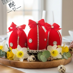 Piros bársony húsvéti tojás dekoráció � 10 cm, felakasztható, romantikus stílus, Ünnepi díszek, dekorációk, Húsvéti díszek és dekorációk, Húsvéti asztaldíszek, Mindenmás, MESKA