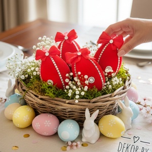 Piros bársony húsvéti tojás dekoráció � 10 cm, felakasztható, romantikus stílus - ünnepi díszek, dekorációk - húsvéti díszek és dekorációk - húsvéti asztaldíszek - Meska.hu