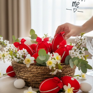 Piros bársony húsvéti tojás dekoráció � 10 cm, felakasztható, romantikus stílus, Ünnepi díszek, dekorációk, Húsvéti asztaldíszek, Húsvéti díszek és dekorációk, Mindenmás, MESKA